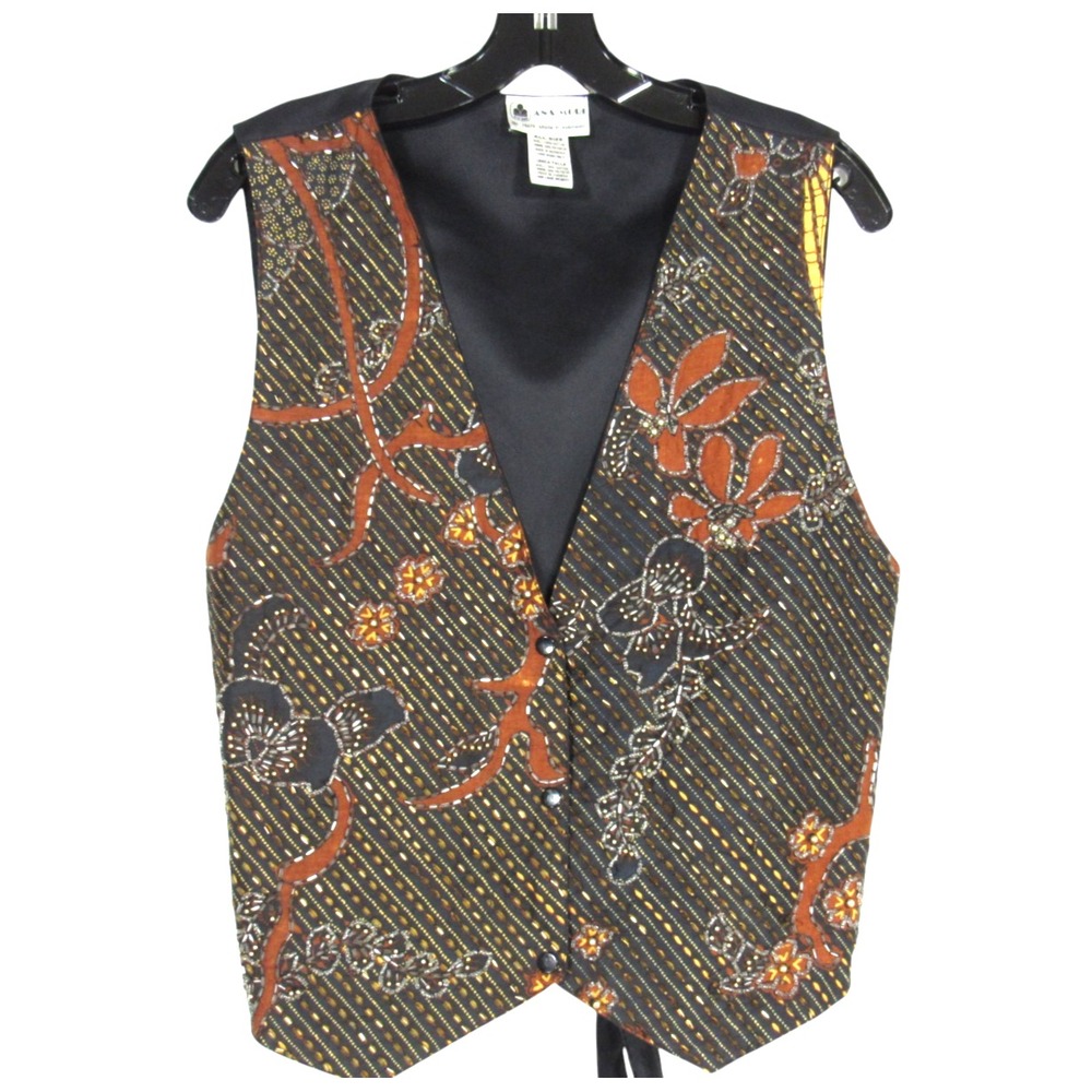 VTG ANA MORI Black w/Brown FLORAL BEADED/STONES Snap-Up Vest Top One Size S/M/L